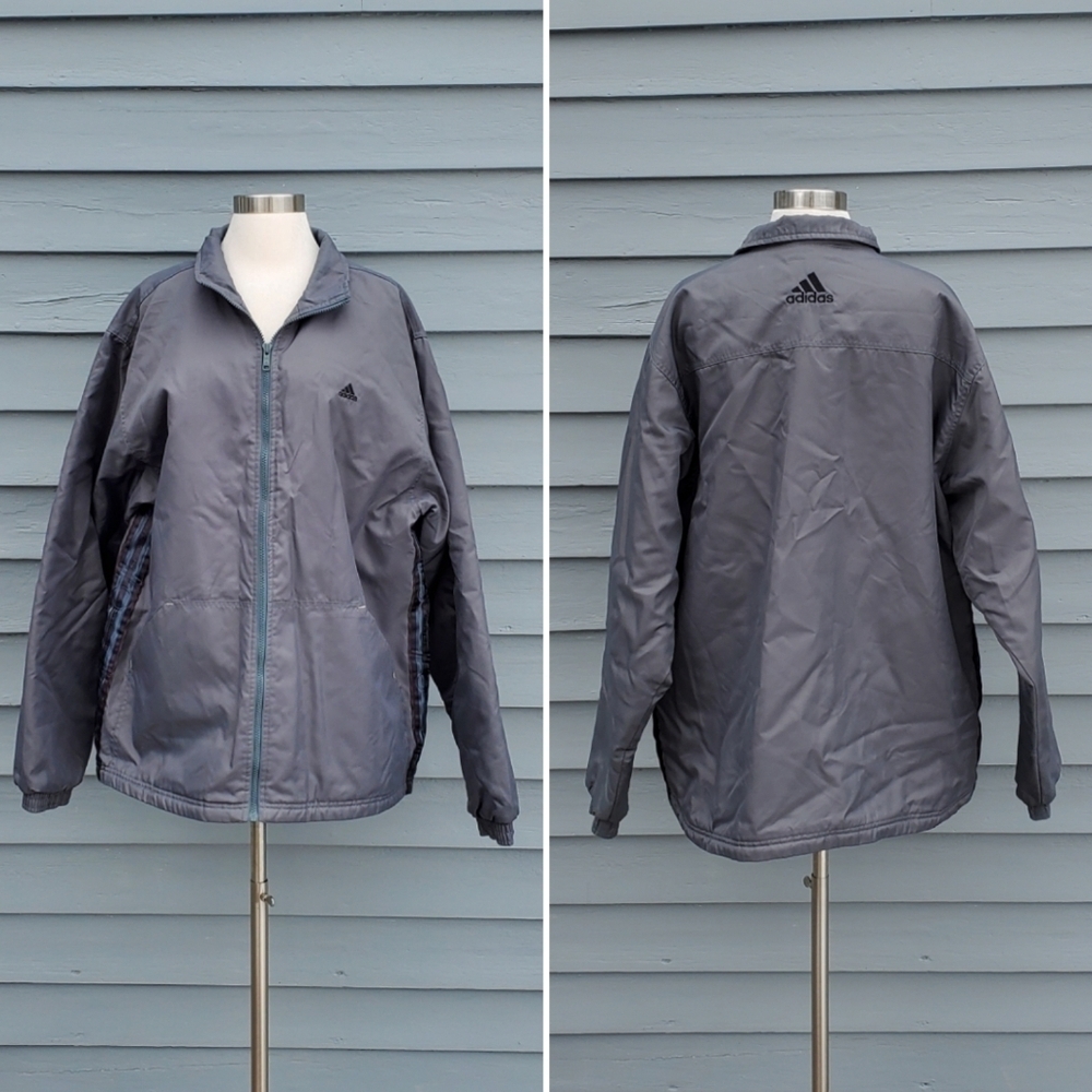 Vintage 90s y2k Adidas Logo Gray Varsity Stripes Oversized Puffer Jacket Lg‎